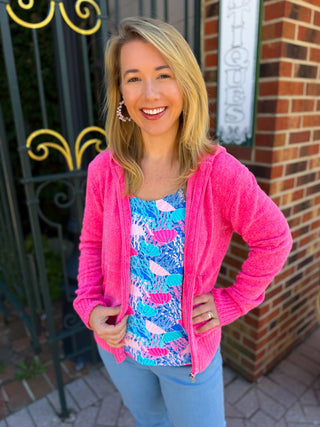 Lulu B Heathered Bright Hot Pink Hooded Chenille Zip Jacket