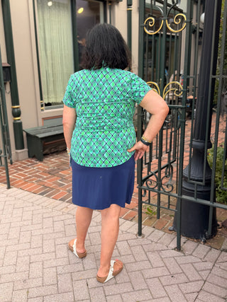 Beachtime by Lulu B Green Window Pane Short Sleeve Collar Top