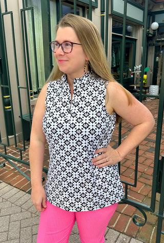 Beachtime by Lulu B Black and Stone Flower Sleeveless Zip Up