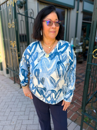 Charlie B Reversible Heart V-Neck Sweater in Splatter