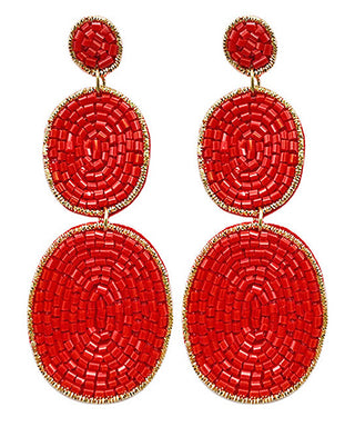 Beaded 3 Oval Drop Earrings Red