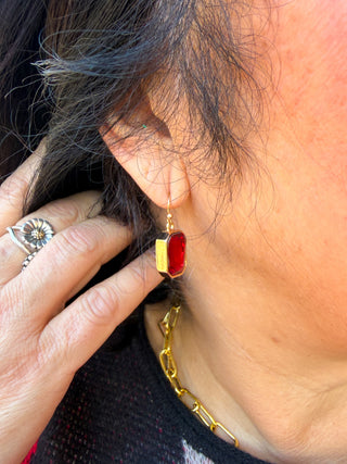 Gold and Red Crystal Rectangle Earrings