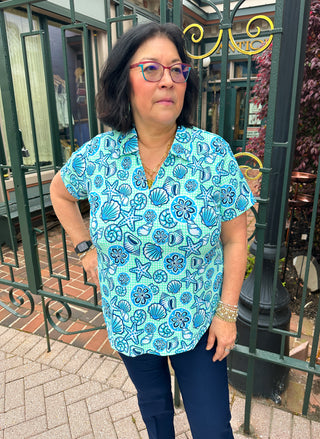 Lulu B Gingham Seafoam Shells Short Sleeve Collar Top