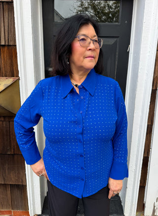 Tango Mango Chic Blue Embellished Textured Button-Up Blouse