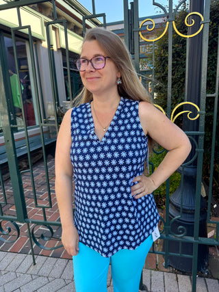 Beachtime by Lulu B Navy Daisy Sleeveless V-neck Tank