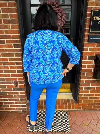 Lulu B Blue Corals Crew Neck 3/4 Sleeve Top
