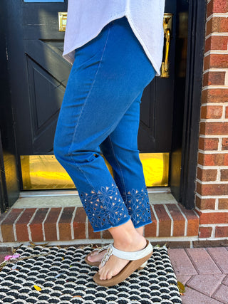 Lulu B Dark Wash Denim Sparkle Flower Capri