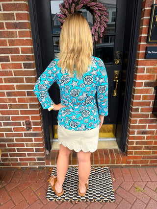 Lulu B Clear Turquoise Shells Crew Neck 3/4 Sleeve Top