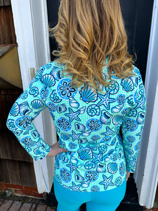 Lulu B Gingham Seafoam Shells Long Sleeve Collar Top