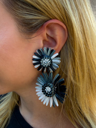 Raffia Black and White Flower Earrings