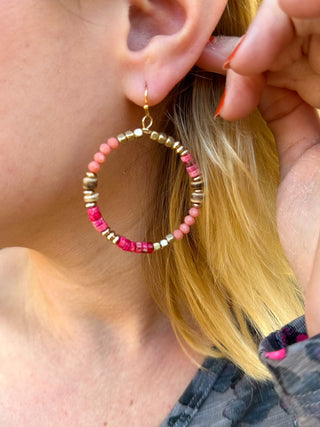 Red and Salmon Beaded Hoop Earrings