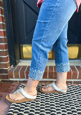 EverStretch Straight Capri with Bottom Embroidery Medium Denim