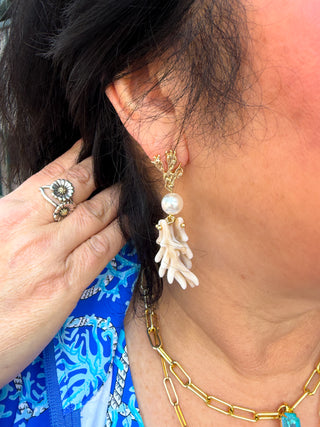 Acrylic Coral & Pearl Drop Earrings Cream