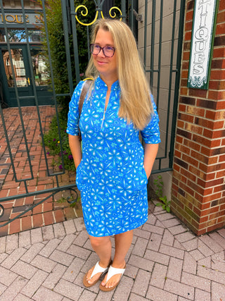 Beachtime by Lulu B Periwinkle Flower Power Short Sleeve Quarter Zip Pocket Dress