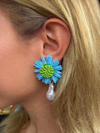 Blue and Green Pearl Flower Earrings