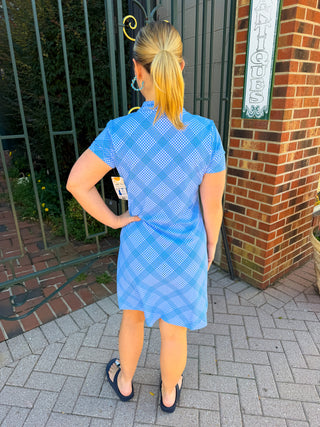 Lulu B Bright Periwinkle Grid Short Sleeve Quarter Zip Dress