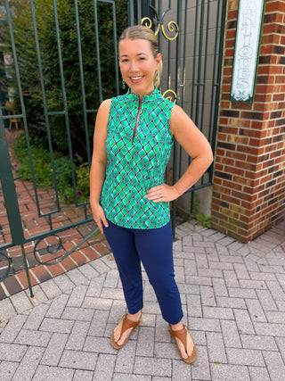 Beachtime by Lulu B Green Window Pane Sleeveless Zip Up Top