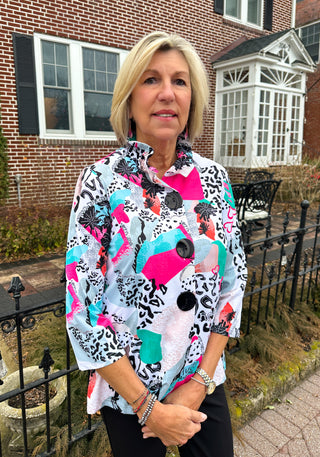 Tango Mango Vibrant Abstract Print Button-Up Blouse