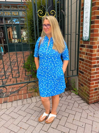 Beachtime by Lulu B Periwinkle Flower Power Short Sleeve Quarter Zip Pocket Dress