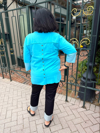 Lulu B Clear Turquoise Stripe Trim Button Back V-Neck Top