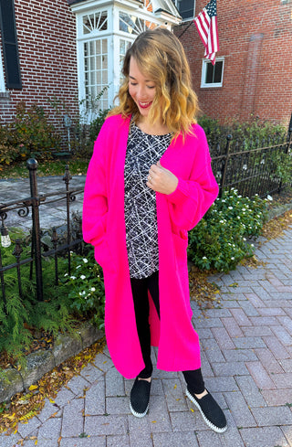 Vibrant Fuchsia Long Knit Cardigan with Pockets