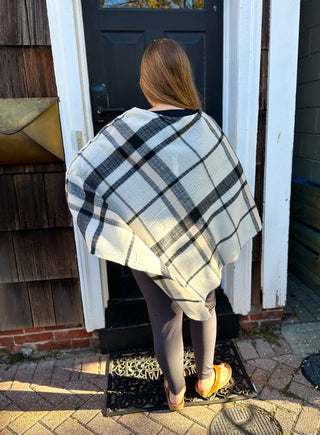 Adela Supersoft Plaid Poncho with Buttons Cream and Black