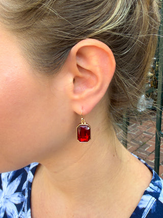 Gold and Red Crystal Rectangle Earrings