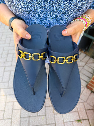 Fitflops Lulu Midnight Navy Leather Square Chain Toe-Post Sandals