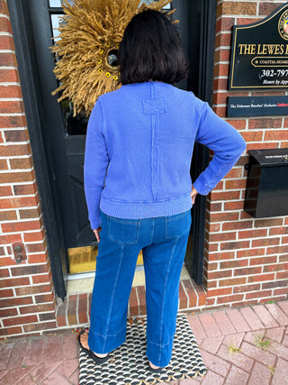 Escape by Habitat Baja Blue Waffle Knit Seamed Crewneck Top