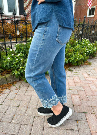 EverStretch Straight Capri with Bottom Embroidery Medium Denim