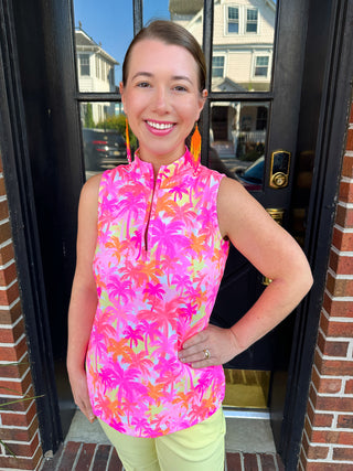 Lulu B Pink Palm Sleeveless Zip Top