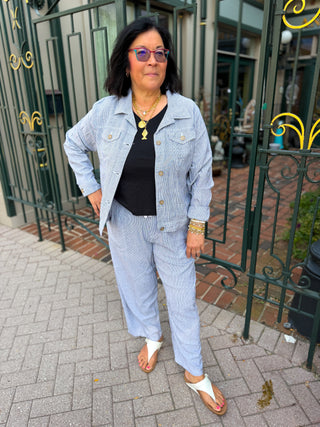 Blue Pin Stripe Printed Linen Blend Jacket