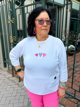 Lulu B White Chenille Embroidered Hearts Sweater