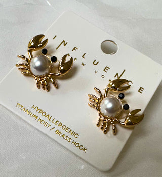 Crab Pearl and Gold Stud Earrings