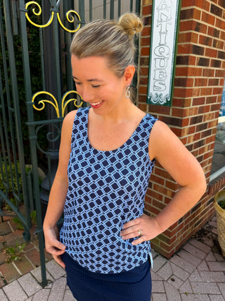 Lulu B Periwinkle and Navy Geometric Link UPF 50+ Scoop Neck Tank