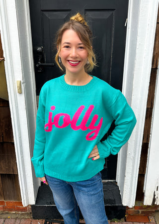 Jolly Teal & Pink Graphic Knit Sweater