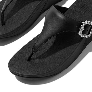 FITFLOPS LULU BLACK LEATHER CRYSTAL BUCKLE TOE-POST SANDALS