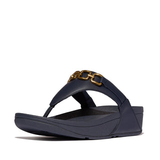 FITFLOPS LULU MIDNIGHT NAVY LEATHER SQUARE CHAIN TOE-POST SANDALS