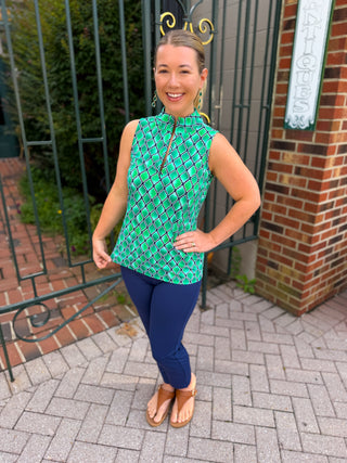 Beachtime by Lulu B Green Window Pane Sleeveless Zip Up Top