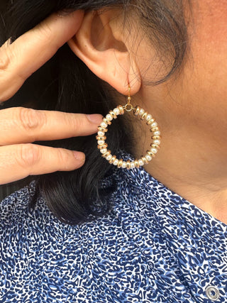 Pearl and Gold Beaded Hoop Earrings