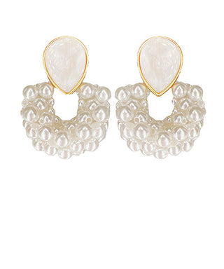 Beaded Pearl Round Earrings Cream