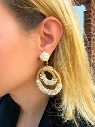 Seedbead & 2 Circle Rattan Earrings Ivory