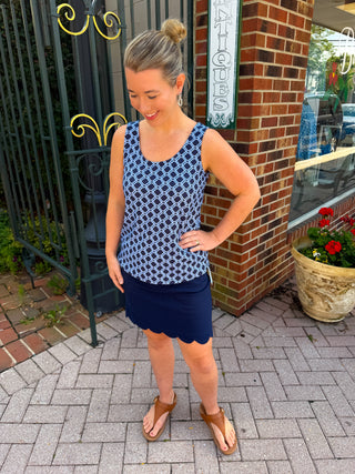 Lulu B Periwinkle and Navy Geometric Link UPF 50+ Scoop Neck Tank