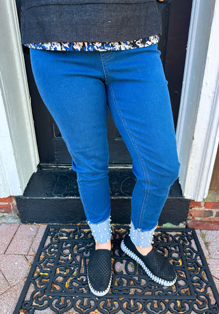 Lulu B Dark Wash Denim Cuff Pearl Pant