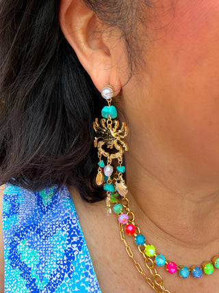 Crab & Sealife Theme Dangle Earrings Turquoise