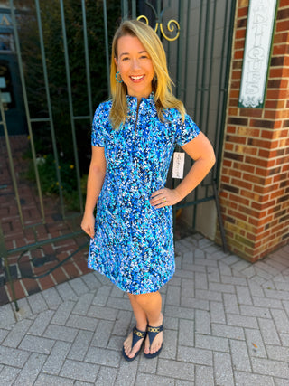 Lulu B Dark Blue Vine Short Sleeve Quarter Zip Dress