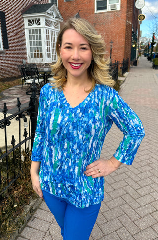Tango Mango Watercolor Waves V-Neck Tulip Hem Top