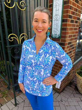 Lulu B Blue Coral Long Sleeve Collar Top