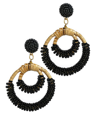Seedbead & 2 Circle Rattan Earrings Black