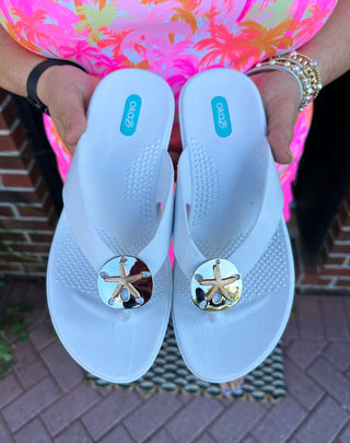 OkaB White Sand Dollar Flip Flops